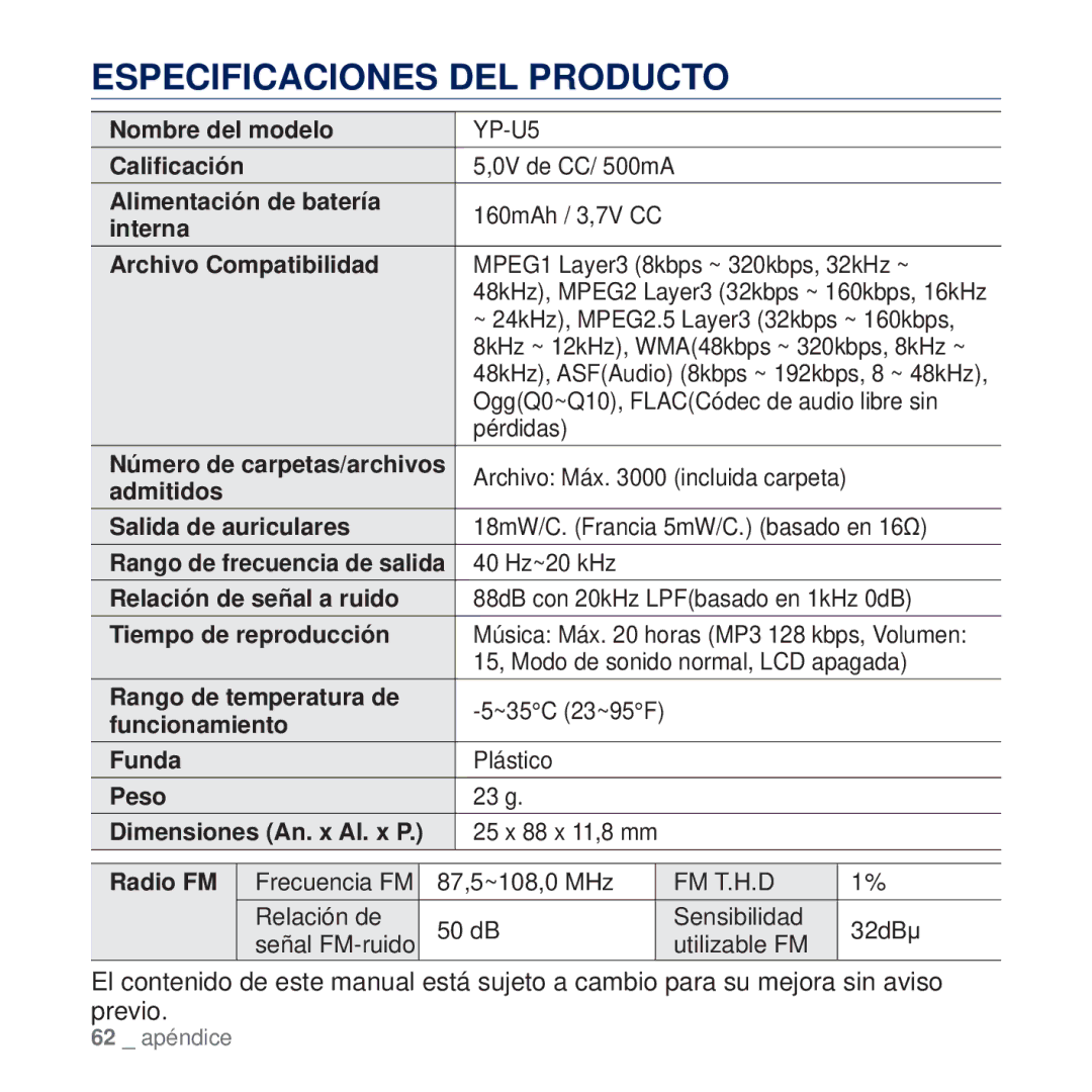 Samsung YP-U5JAW/XEE, YP-U5JAP/EDC, YP-U5JQB/EDC, YP-U5JAB/EDC manual Especificaciones DEL Producto, Archivo Compatibilidad 