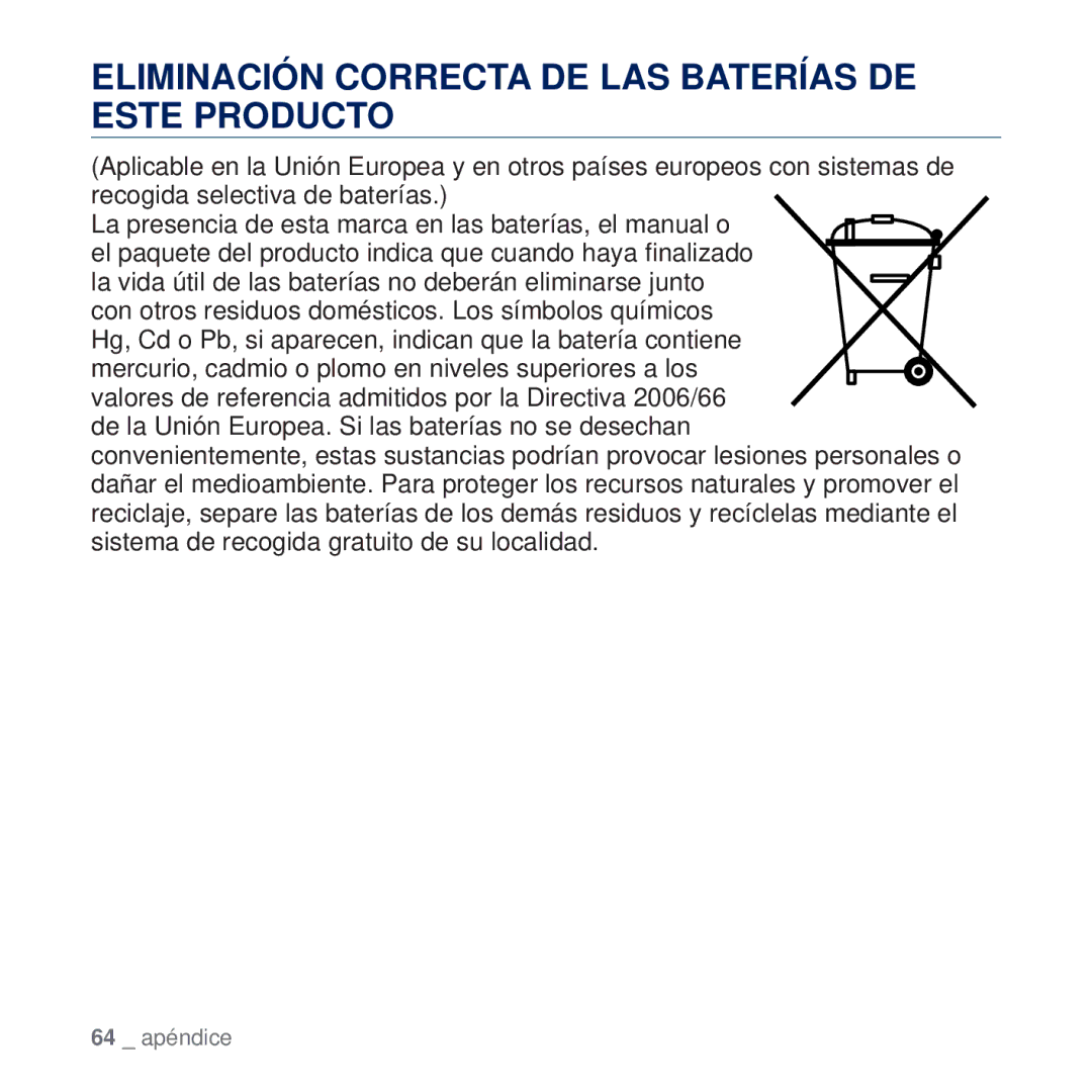 Samsung YP-U5JAP/EDC, YP-U5JQB/EDC, YP-U5JAB/EDC, YP-U5JAW/EDC manual Eliminación Correcta DE LAS Baterías DE Este Producto 