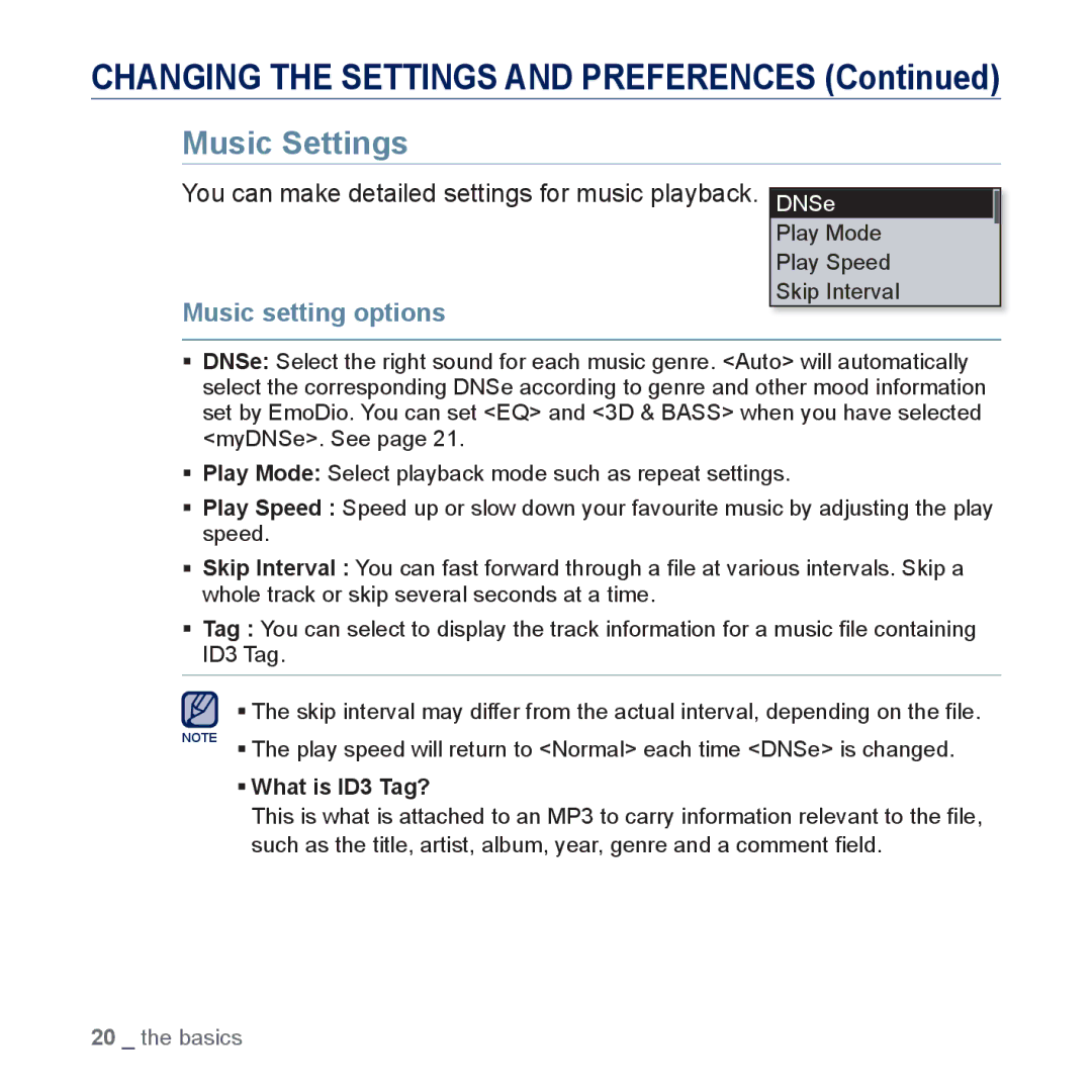 Samsung YP-U5JQL/XEE, YP-U5JAR/XEF, YP-U5JAW/XEF, YP-U5JQP/XEF, YP-U5JQW/XEF manual Music Settings, Music setting options 