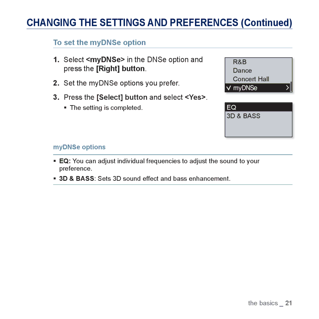 Samsung YP-U5JQB/XEE, YP-U5JAR/XEF, YP-U5JAW/XEF, YP-U5JQP/XEF, YP-U5JQW/XEF manual To set the myDNSe option, MyDNSe options 