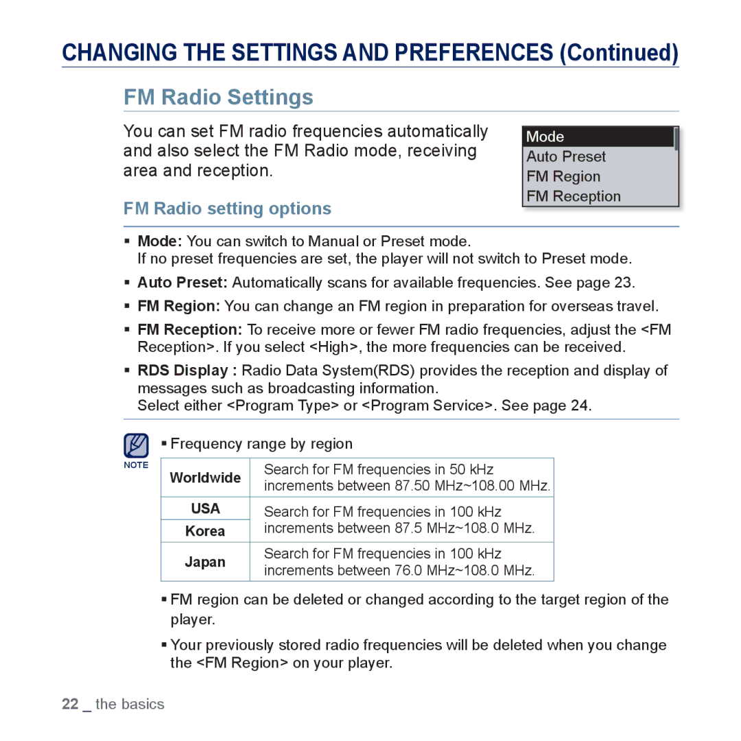 Samsung YP-U5JAP/XEE, YP-U5JAR/XEF, YP-U5JAW/XEF, YP-U5JQP/XEF, YP-U5JQW/XEF manual FM Radio Settings, FM Radio setting options 