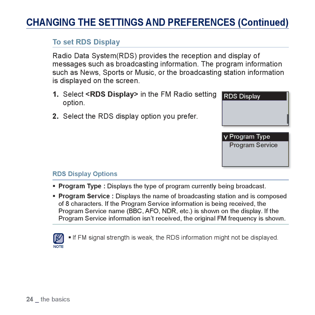 Samsung YP-U5JAL/XEE, YP-U5JAR/XEF, YP-U5JAW/XEF, YP-U5JQP/XEF, YP-U5JQW/XEF manual To set RDS Display, RDS Display Options 