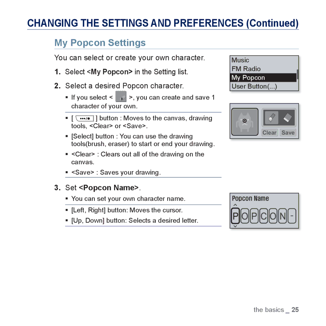 Samsung YP-U5JQP/XEE, YP-U5JAR/XEF, YP-U5JAW/XEF, YP-U5JQP/XEF, YP-U5JQW/XEF, YP-U5JQR/XEF My Popcon Settings, Set Popcon Name 