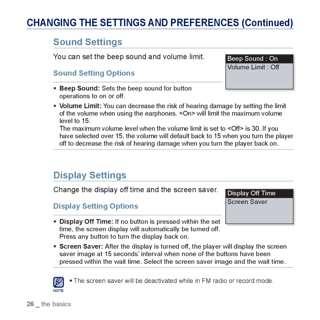 Samsung YP-U5JAR/XEE, YP-U5JAR/XEF manual Sound Settings, Display Settings, Sound Setting Options, Display Setting Options 