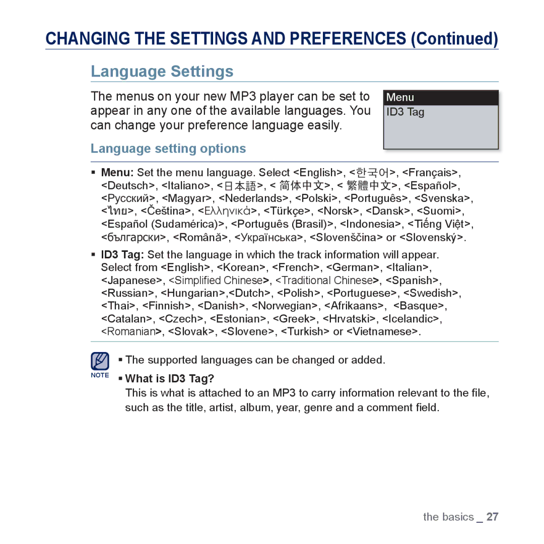 Samsung YP-U5JAW/XEE, YP-U5JAR/XEF, YP-U5JAW/XEF, YP-U5JQP/XEF, YP-U5JQW/XEF manual Language Settings, Language setting options 