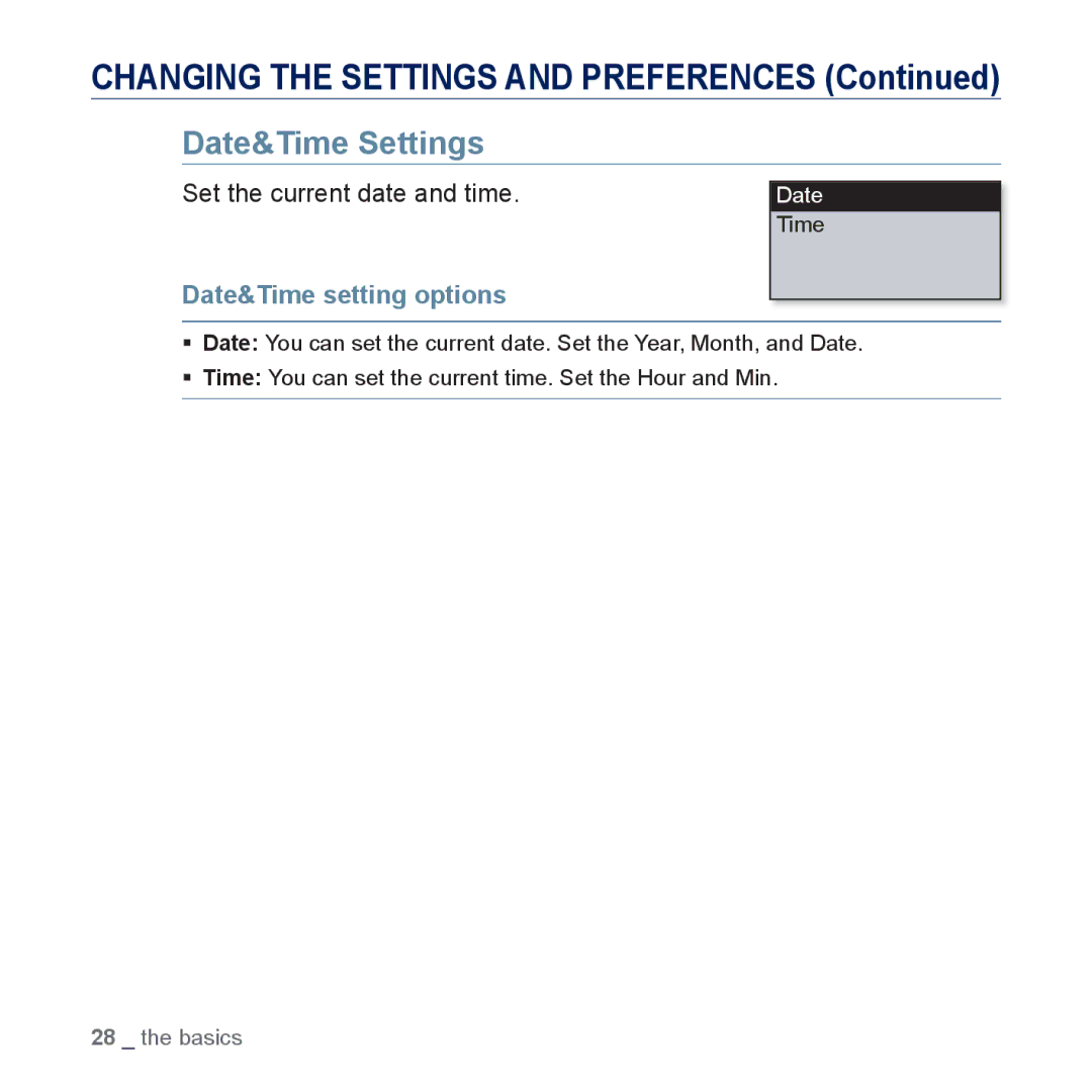 Samsung YP-U5JQW/XEE, YP-U5JAR/XEF manual Date&Time Settings, Set the current date and time, Date&Time setting options 