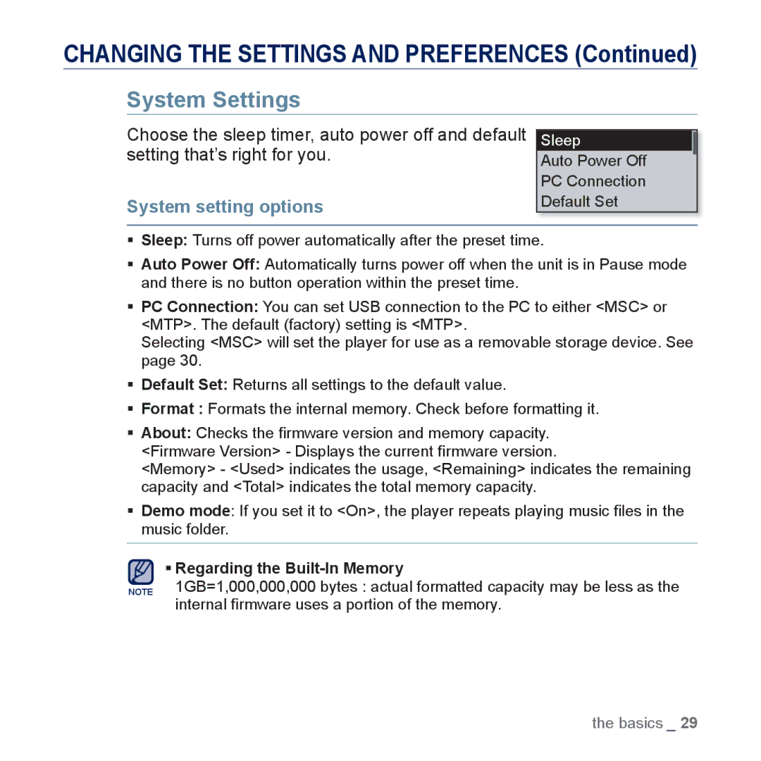 Samsung YP-U5JQR/EDC, YP-U5JAR/XEF, YP-U5JAW/XEF, YP-U5JQP/XEF, YP-U5JQW/XEF manual System Settings, System setting options 