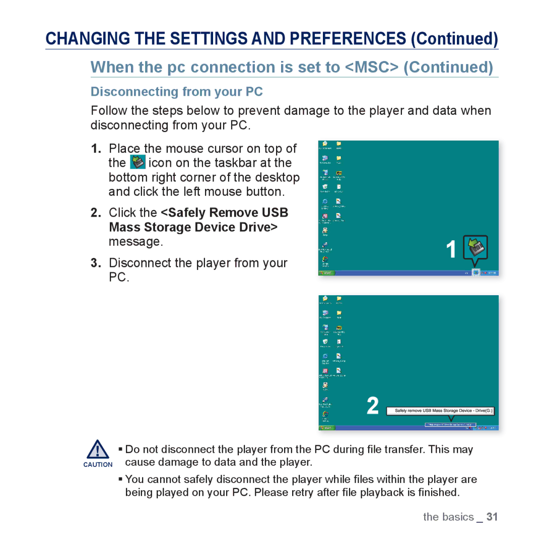 Samsung YP-U5JAR/XEF, YP-U5JAW/XEF manual Disconnecting from your PC, Click the Safely Remove USB Mass Storage Device Drive 