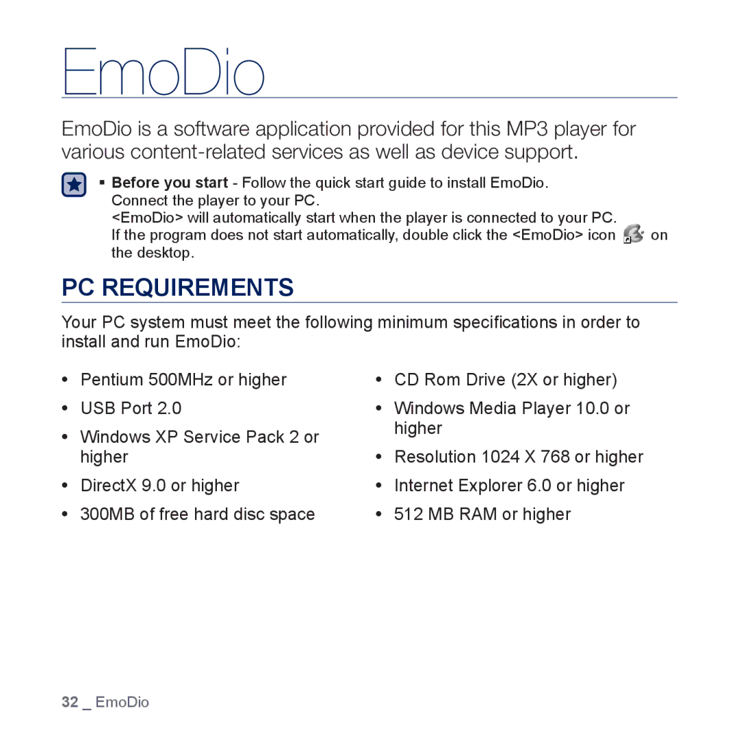 Samsung YP-U5JAW/XEF, YP-U5JAR/XEF, YP-U5JQP/XEF, YP-U5JQW/XEF, YP-U5JQR/XEF, YP-U5JQL/XEF manual EmoDio, PC Requirements 