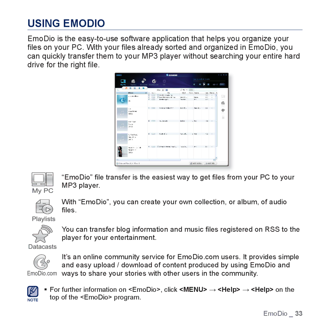 Samsung YP-U5JQP/XEF, YP-U5JAR/XEF, YP-U5JAW/XEF, YP-U5JQW/XEF, YP-U5JQR/XEF, YP-U5JQL/XEF, YP-U5JQWH/XEF manual Using Emodio 