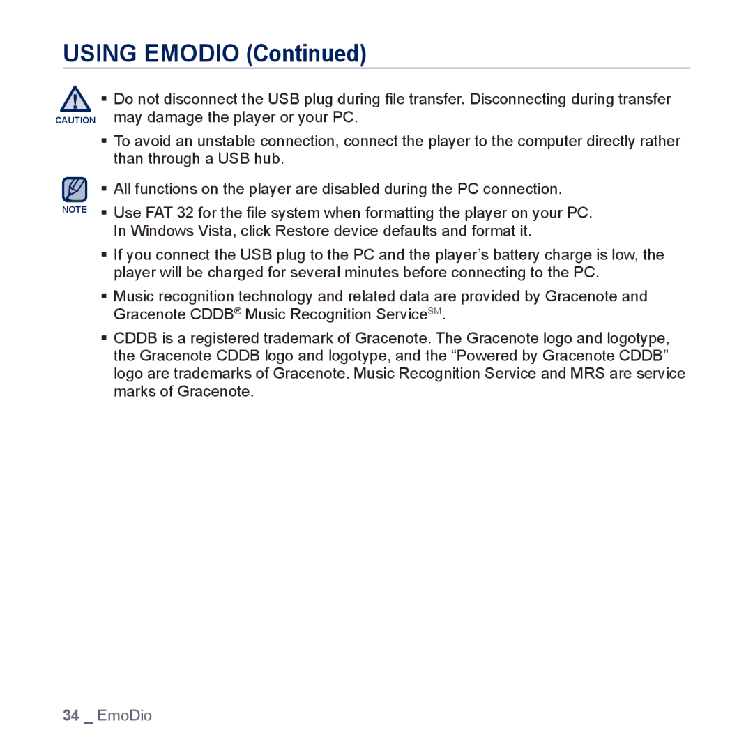 Samsung YP-U5JQW/XEF, YP-U5JAR/XEF, YP-U5JAW/XEF, YP-U5JQP/XEF, YP-U5JQR/XEF, YP-U5JQL/XEF, YP-U5JQWH/XEF manual Using Emodio 