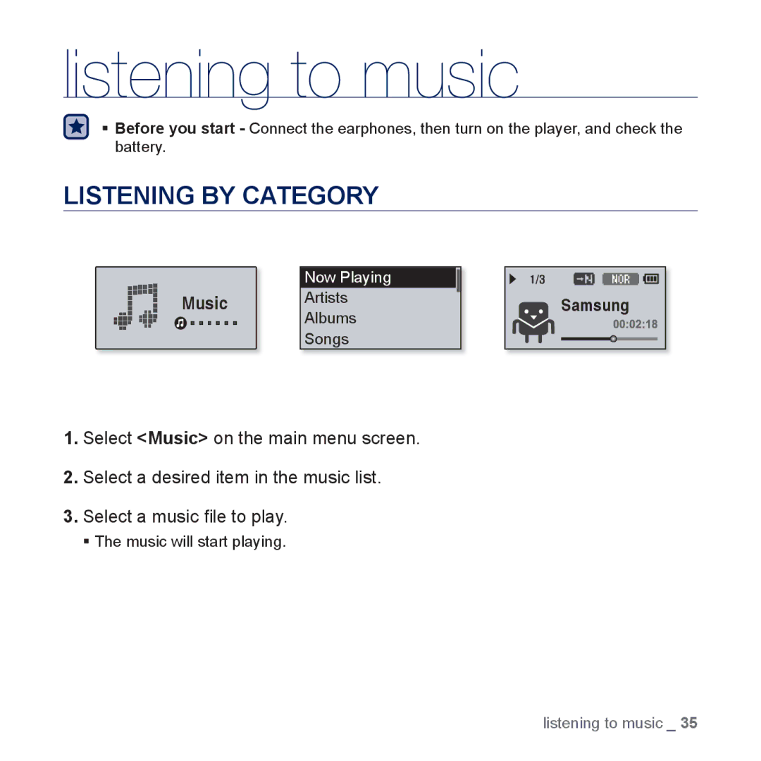 Samsung YP-U5JQR/XEF, YP-U5JAR/XEF, YP-U5JAW/XEF, YP-U5JQP/XEF, YP-U5JQW/XEF manual Listening to music, Listening by Category 