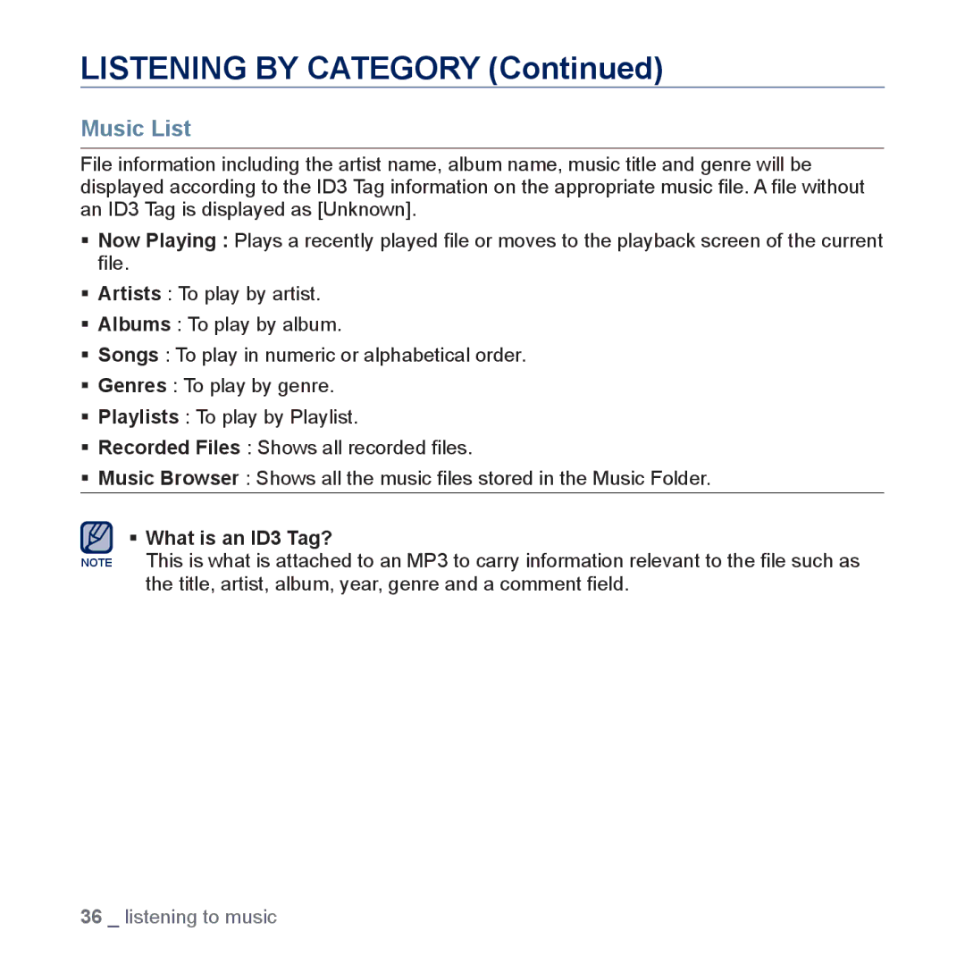 Samsung YP-U5JQL/XEF, YP-U5JAR/XEF, YP-U5JAW/XEF, YP-U5JQP/XEF, YP-U5JQW/XEF, YP-U5JQR/XEF Listening by Category, Music List 