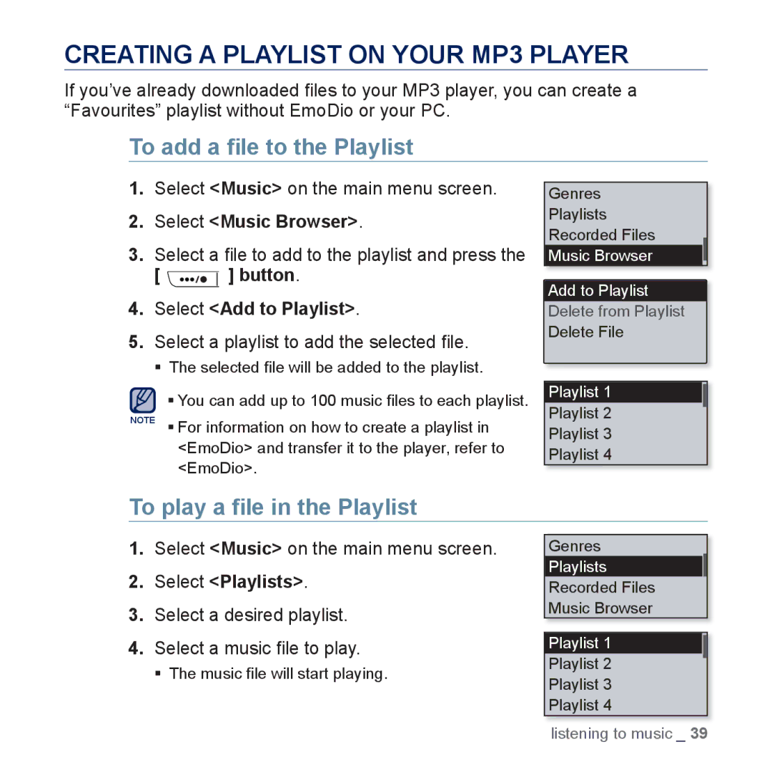 Samsung YP-U5JAB/XEF Creating a Playlist on Your MP3 Player, To add a ﬁle to the Playlist, To play a ﬁle in the Playlist 