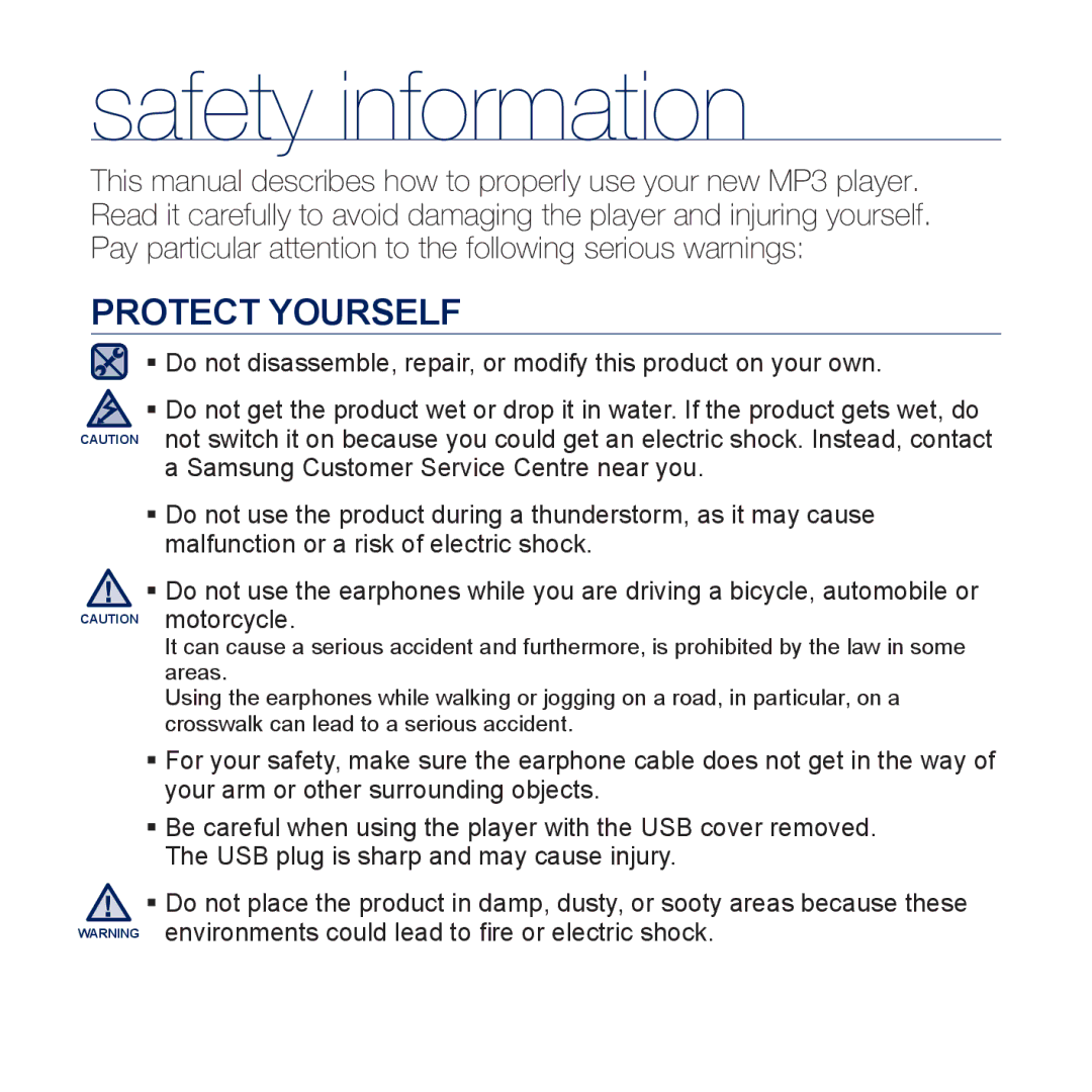 Samsung YP-U5JQR/XEF, YP-U5JAR/XEF, YP-U5JAW/XEF, YP-U5JQP/XEF, YP-U5JQW/XEF, YP-U5JQL/XEF, YP-U5JQWH/XEF manual Protect Yourself 