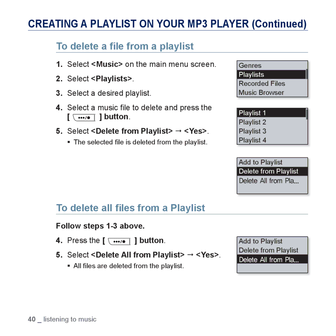 Samsung YP-U5JAP/XEF, YP-U5JAR/XEF, YP-U5JAW/XEF manual To delete a ﬁle from a playlist, To delete all ﬁles from a Playlist 