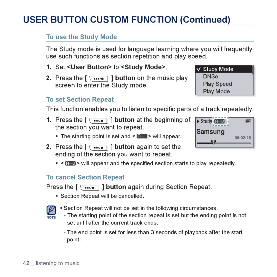 Samsung YP-U5JQB/XAA, YP-U5JAR/XEF manual User Button Custom Function, To use the Study Mode, Set User Button to Study Mode 