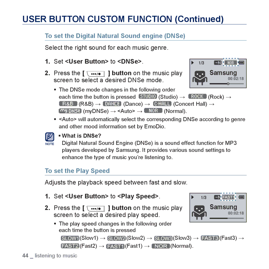 Samsung YP-U5JQB/EDC To set the Digital Natural Sound engine DNSe, Set User Button to DNSe, Set User Button to Play Speed 