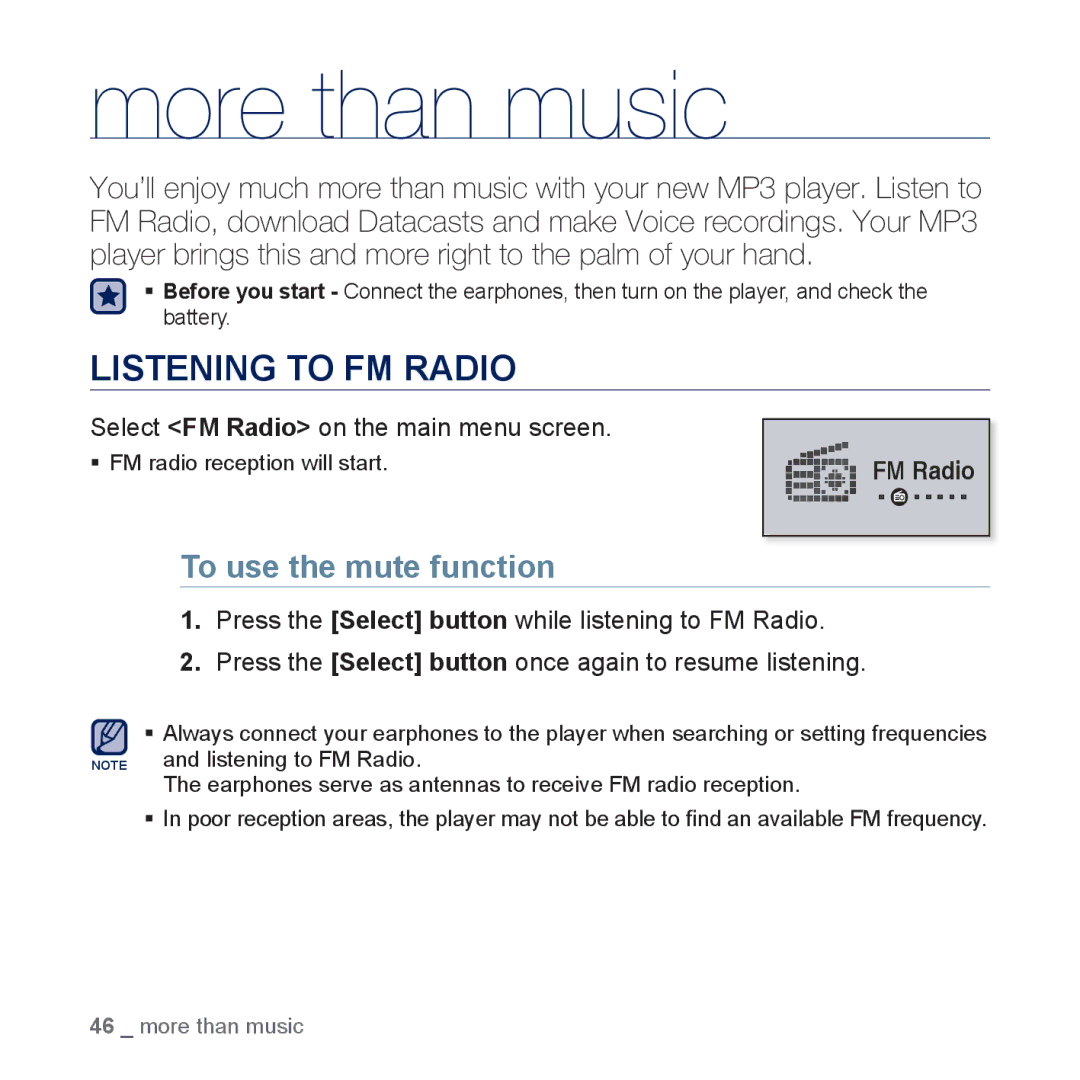 Samsung YP-U5JAW/EDC, YP-U5JAR/XEF, YP-U5JAW/XEF manual More than music, Listening to FM Radio, To use the mute function 