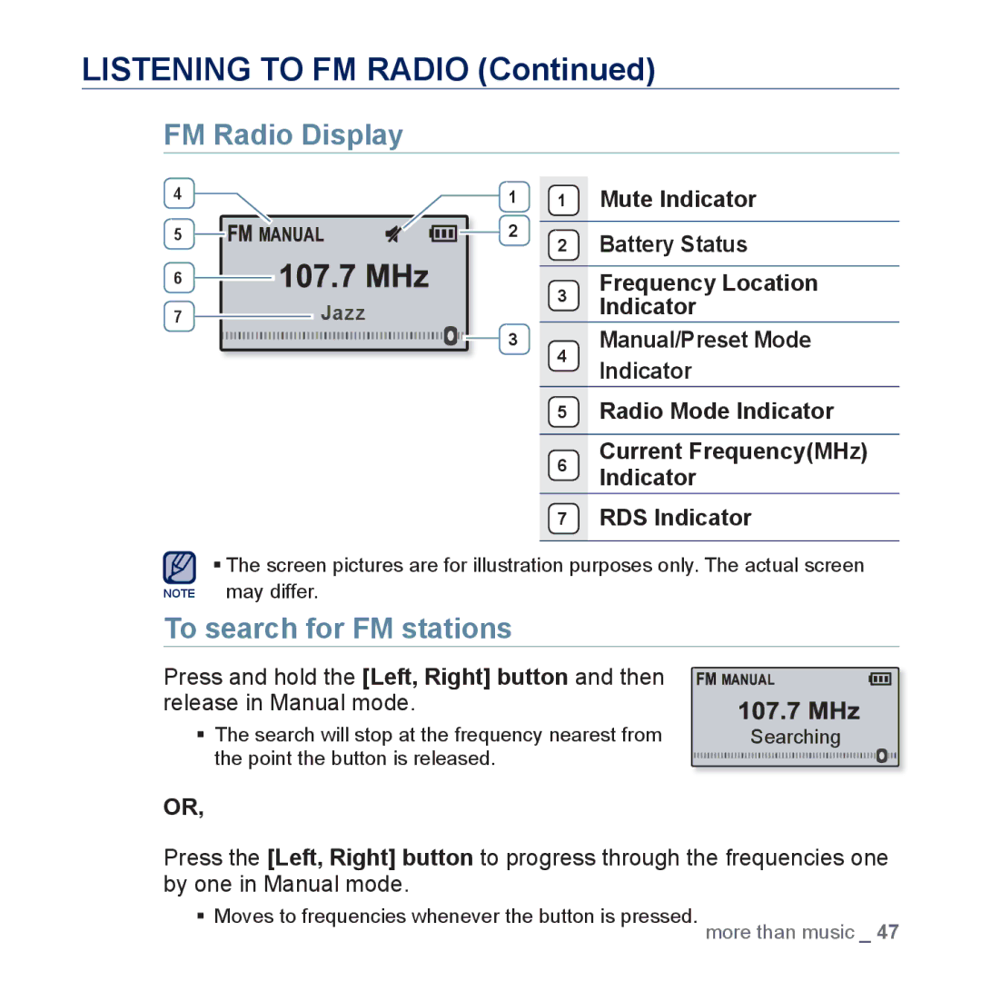 Samsung YP-U5JAL/EDC, YP-U5JAR/XEF, YP-U5JAW/XEF manual Listening to FM Radio, FM Radio Display, To search for FM stations 