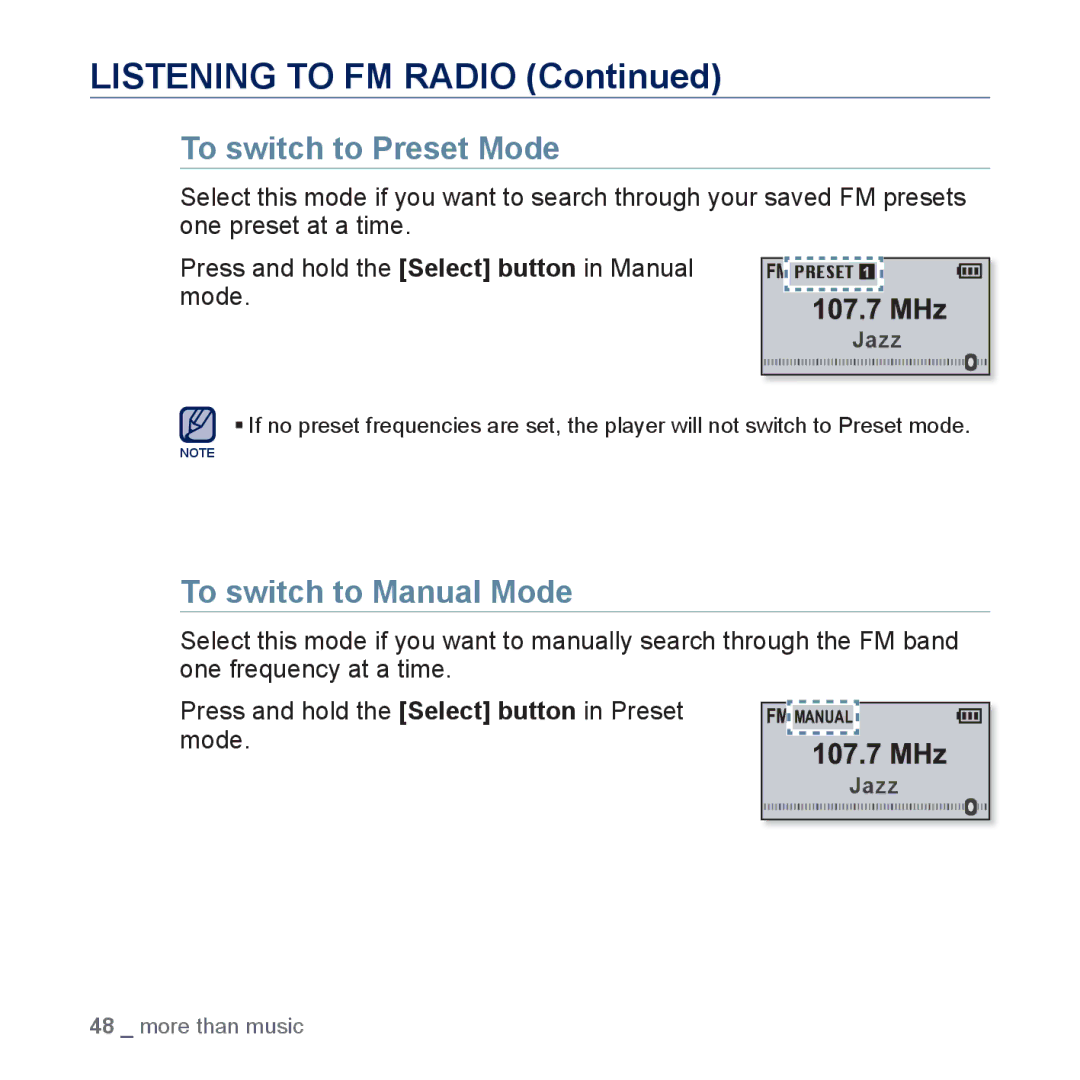 Samsung YP-U5JQWH/EDC, YP-U5JAR/XEF, YP-U5JAW/XEF, YP-U5JQP/XEF manual To switch to Preset Mode, To switch to Manual Mode 