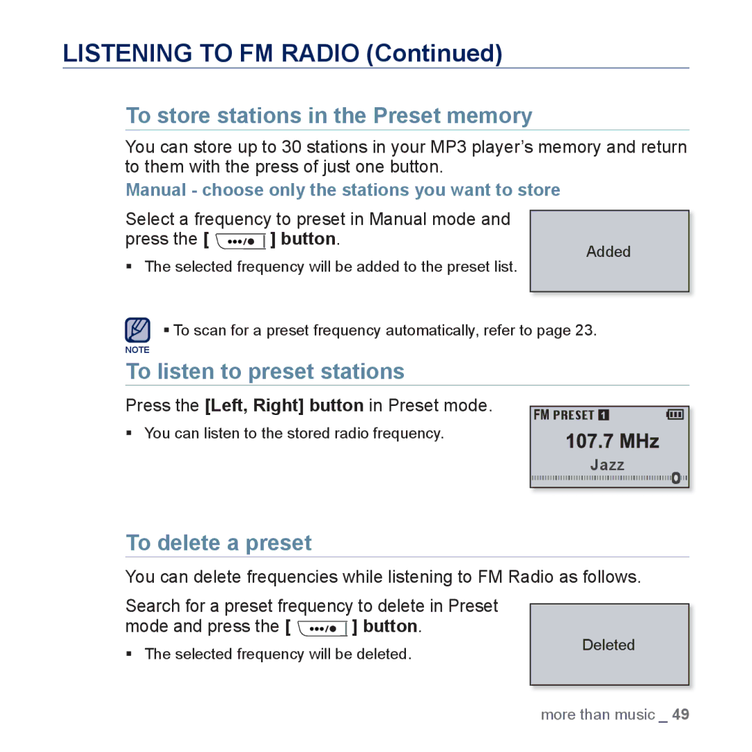 Samsung YP-U5JAR/EDC manual To store stations in the Preset memory, To listen to preset stations, To delete a preset 