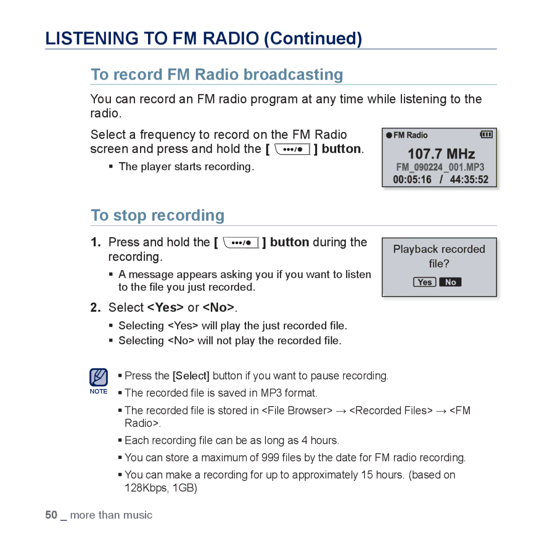 Samsung YP-U5JQR/XEE To record FM Radio broadcasting, To stop recording, Press and hold the button during the recording 