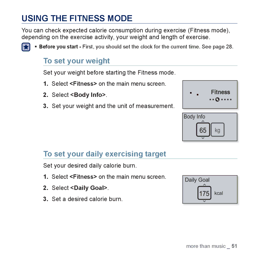 Samsung YP-U5JQL/XEE Using the Fitness Mode, To set your weight, To set your daily exercising target, Select Body Info 