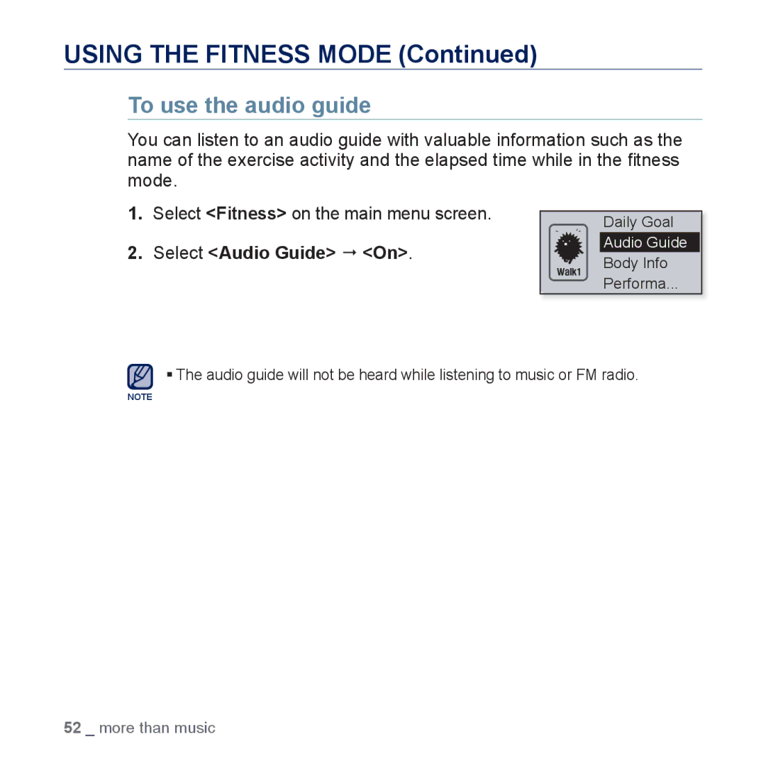 Samsung YP-U5JQB/XEE, YP-U5JAR/XEF, YP-U5JAW/XEF Using the Fitness Mode, To use the audio guide, Select Audio Guide  On 