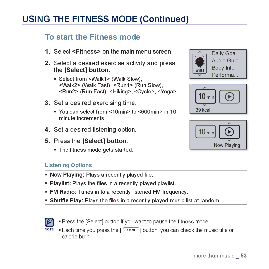 Samsung YP-U5JAP/XEE manual To start the Fitness mode, Set a desired exercising time, Set a desired listening option 