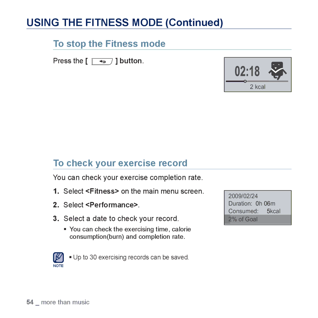 Samsung YP-U5JAB/XEE manual To stop the Fitness mode, To check your exercise record, Press the button, Select Performance 