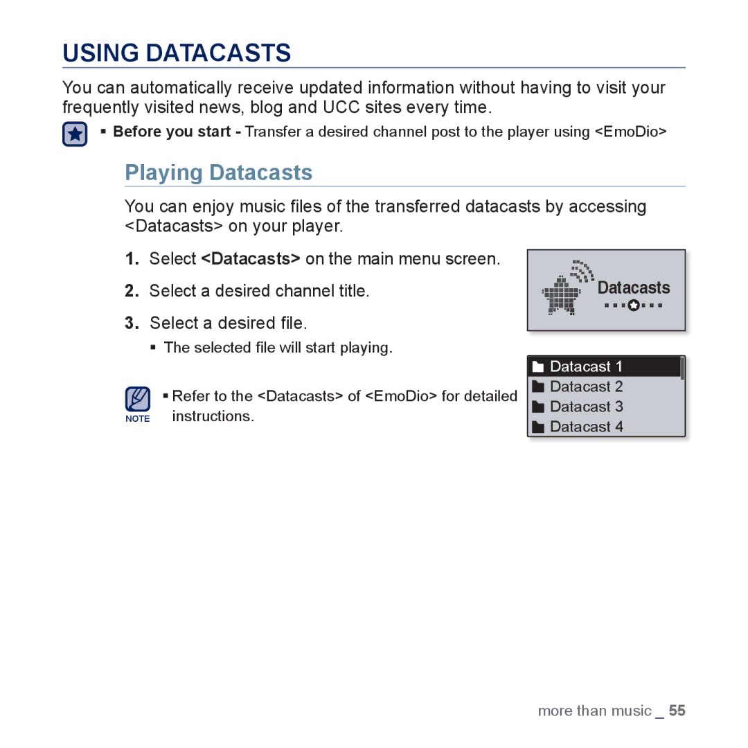 Samsung YP-U5JAL/XEE, YP-U5JAR/XEF, YP-U5JAW/XEF, YP-U5JQP/XEF, YP-U5JQW/XEF, YP-U5JQR/XEF Using Datacasts, Playing Datacasts 