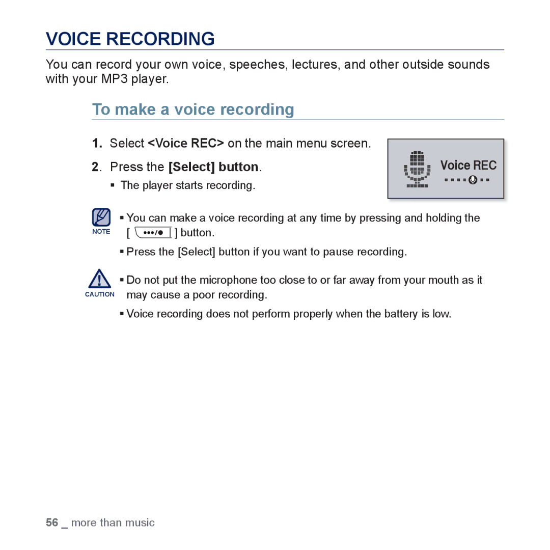 Samsung YP-U5JQP/XEE, YP-U5JAR/XEF Voice Recording, To make a voice recording, Select Voice REC on the main menu screen 