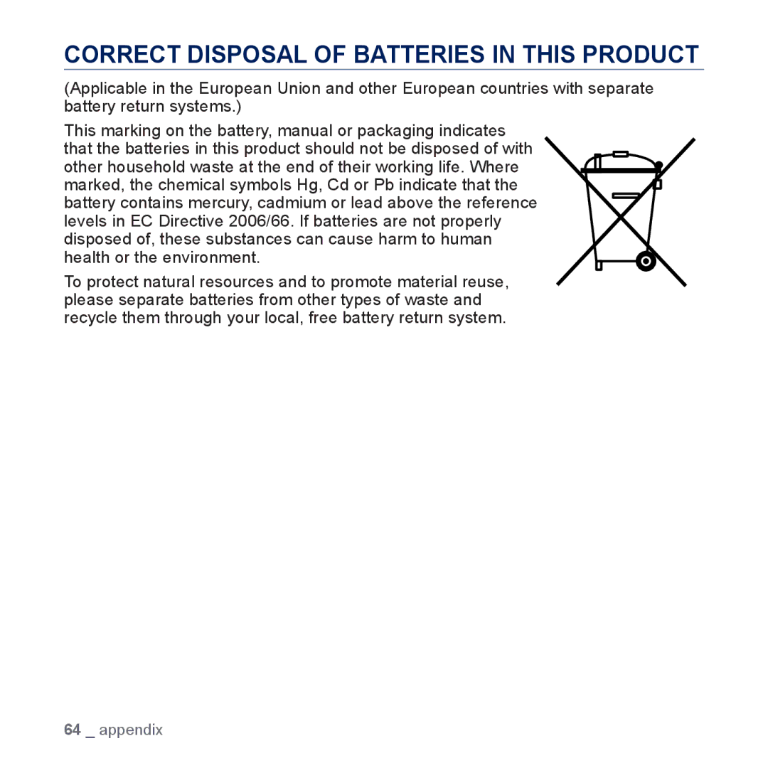 Samsung YP-U5JQP/XEF, YP-U5JAR/XEF, YP-U5JAW/XEF, YP-U5JQW/XEF, YP-U5JQR/XEF Correct Disposal of Batteries in this Product 