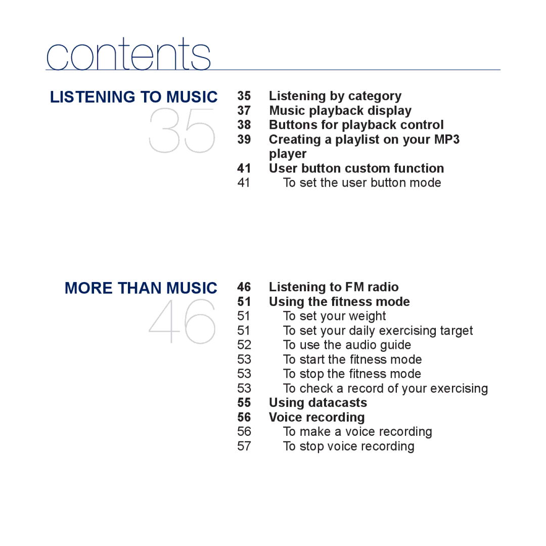 Samsung YP-U5JQB/XEF Listening by category, Music playback display, Buttons for playback control, Player, Using datacasts 