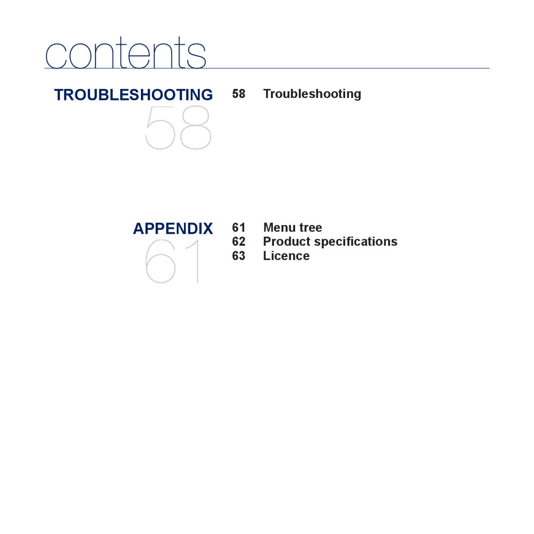 Samsung YP-U5JAB/XEF, YP-U5JAR/XEF, YP-U5JAW/XEF, YP-U5JQP/XEF manual Troubleshooting Menu tree Product speciﬁcations Licence 