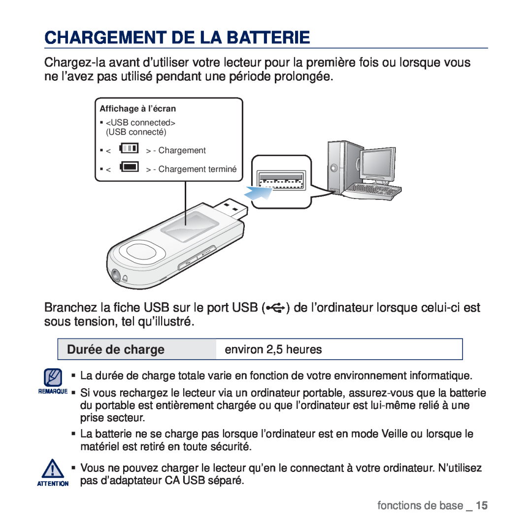 Samsung YP-U5JQW/XEF, YP-U5JAR/XEF, YP-U5JAW/XEF, YP-U5JQP/XEF, YP-U5JQR/XEF manual Chargement De La Batterie, Durée de charge 