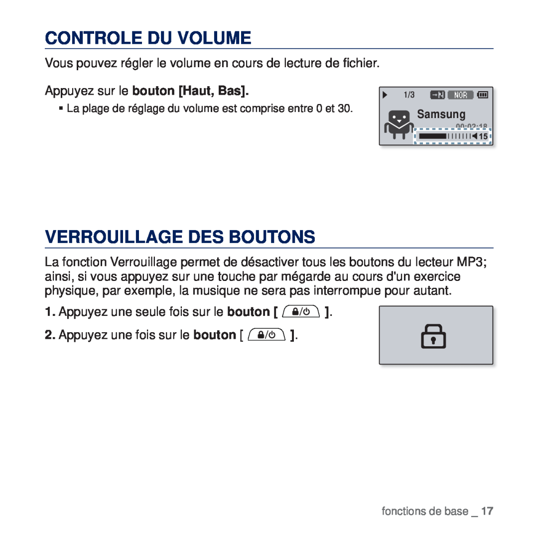 Samsung YP-U5JQL/XEF, YP-U5JAR/XEF Controle Du Volume, Verrouillage Des Boutons, Appuyez sur le bouton Haut, Bas, Samsung 