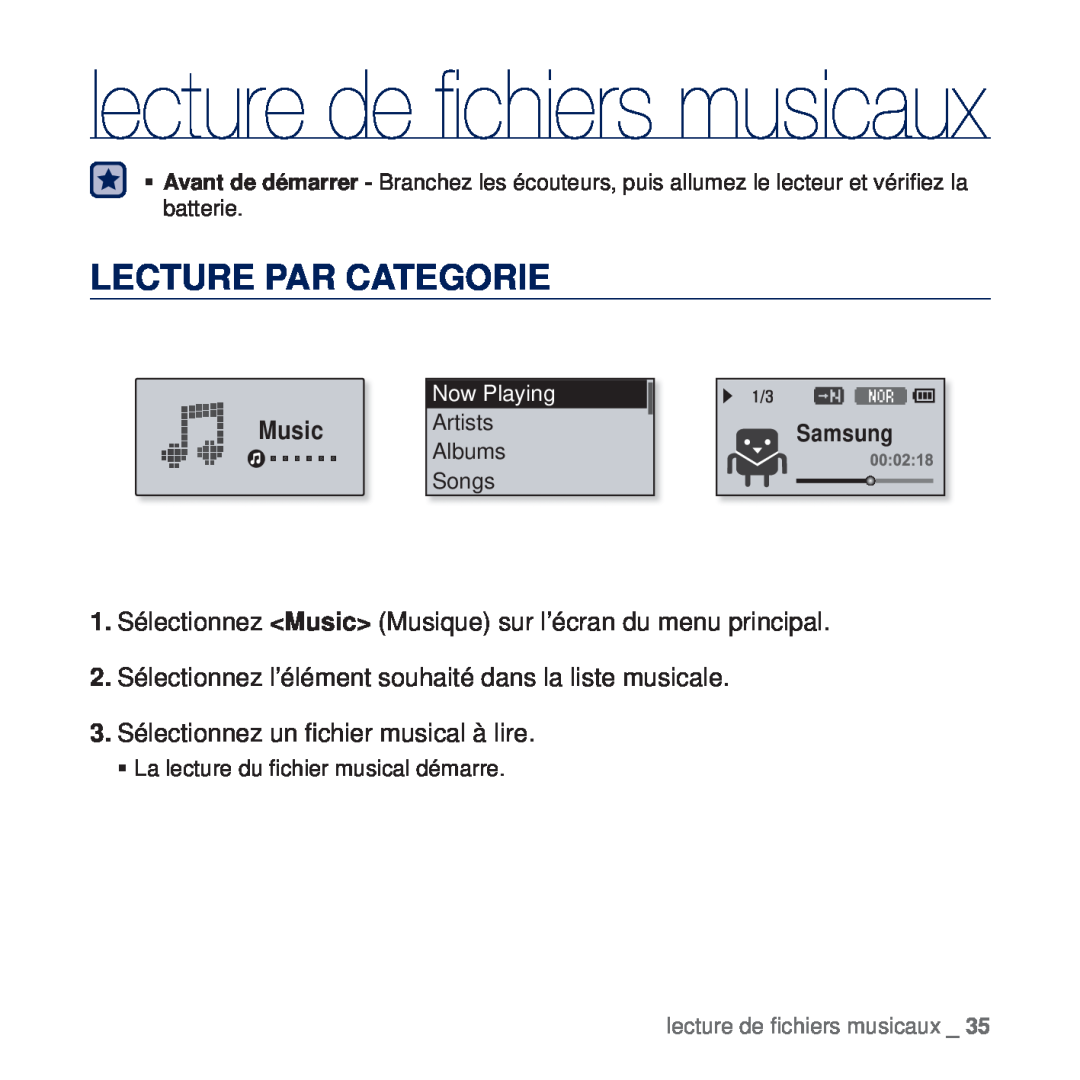 Samsung YP-U5JQB/XAA, YP-U5JAR/XEF manual Lecture Par Categorie, Music, lecture de ﬁchiers musicaux, Samsung, Now Playing 