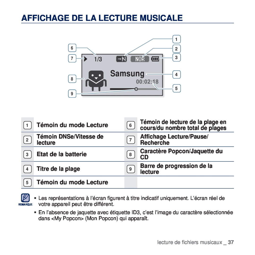 Samsung YP-U5JAW/XEF, YP-U5JAR/XEF, YP-U5JQP/XEF, YP-U5JQW/XEF, YP-U5JQR/XEF manual Affichage De La Lecture Musicale, Samsung 