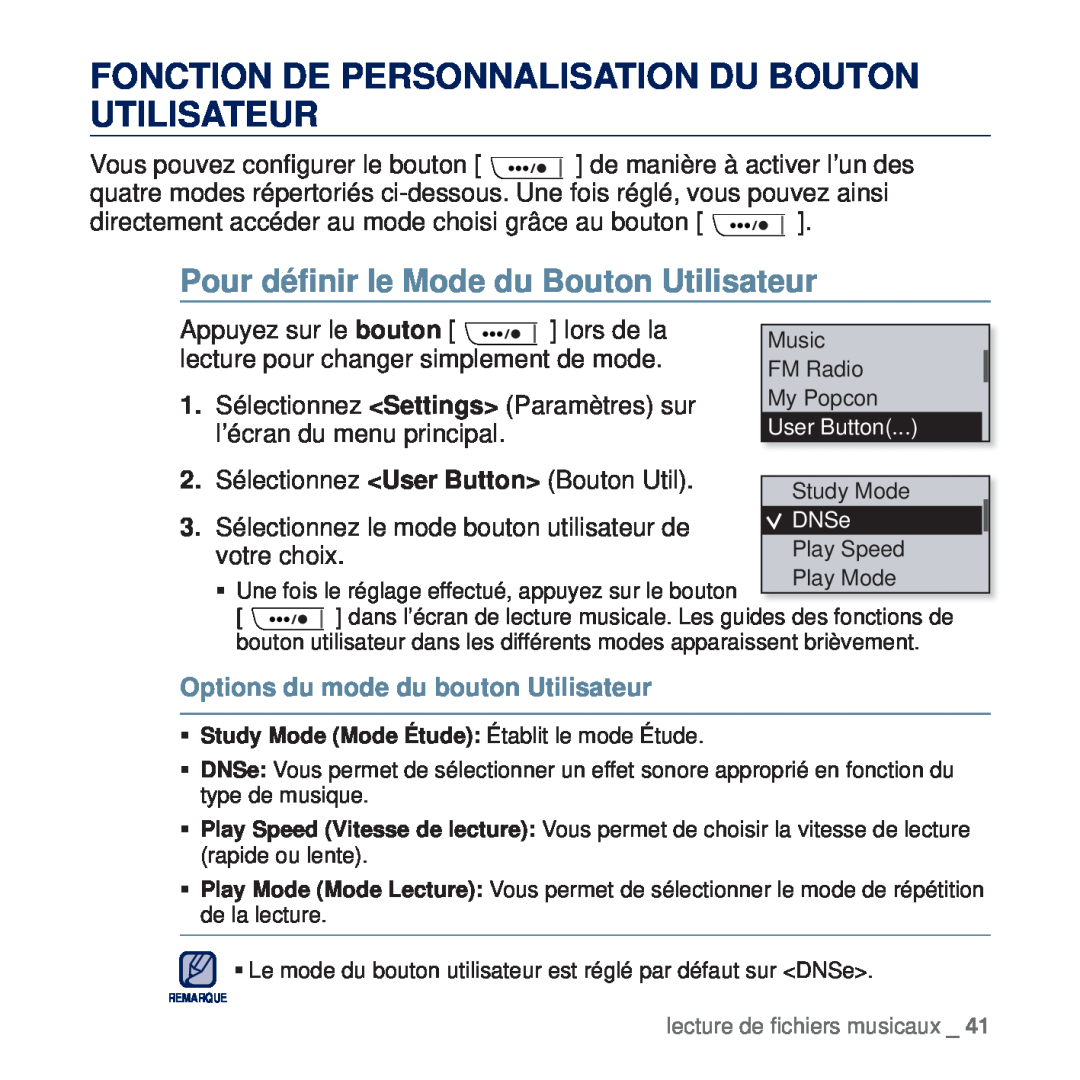Samsung YP-U5JQL/XEF Fonction De Personnalisation Du Bouton Utilisateur, Pour déﬁnir le Mode du Bouton Utilisateur, DNSe 