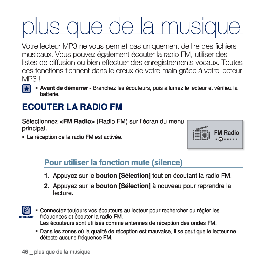 Samsung YP-U5JAL/XEF manual plus que de la musique, Ecouter La Radio Fm, Pour utiliser la fonction mute silence, FM Radio 