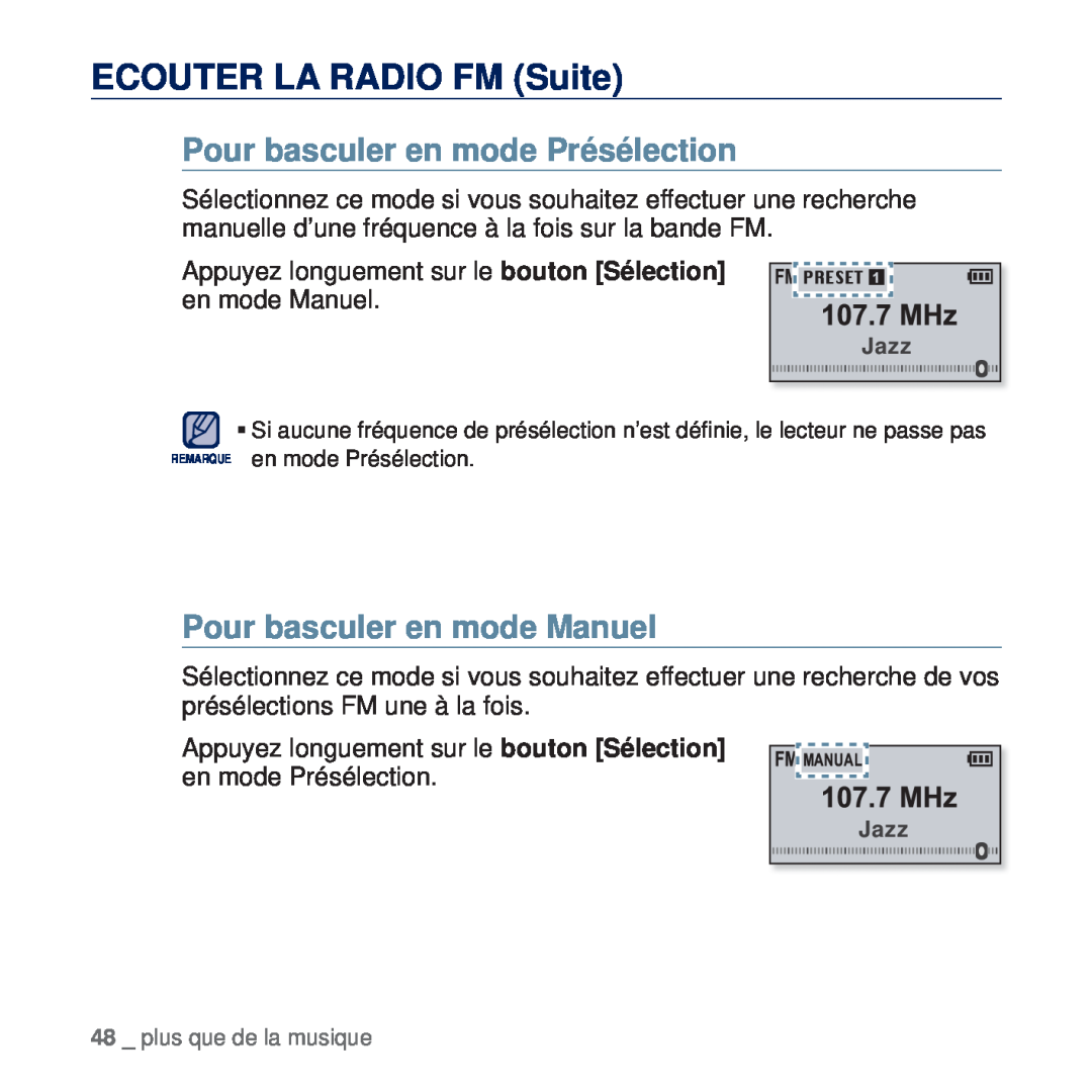 Samsung YP-U5JAR/XEF manual Pour basculer en mode Présélection, Pour basculer en mode Manuel, ECOUTER LA RADIO FM Suite 
