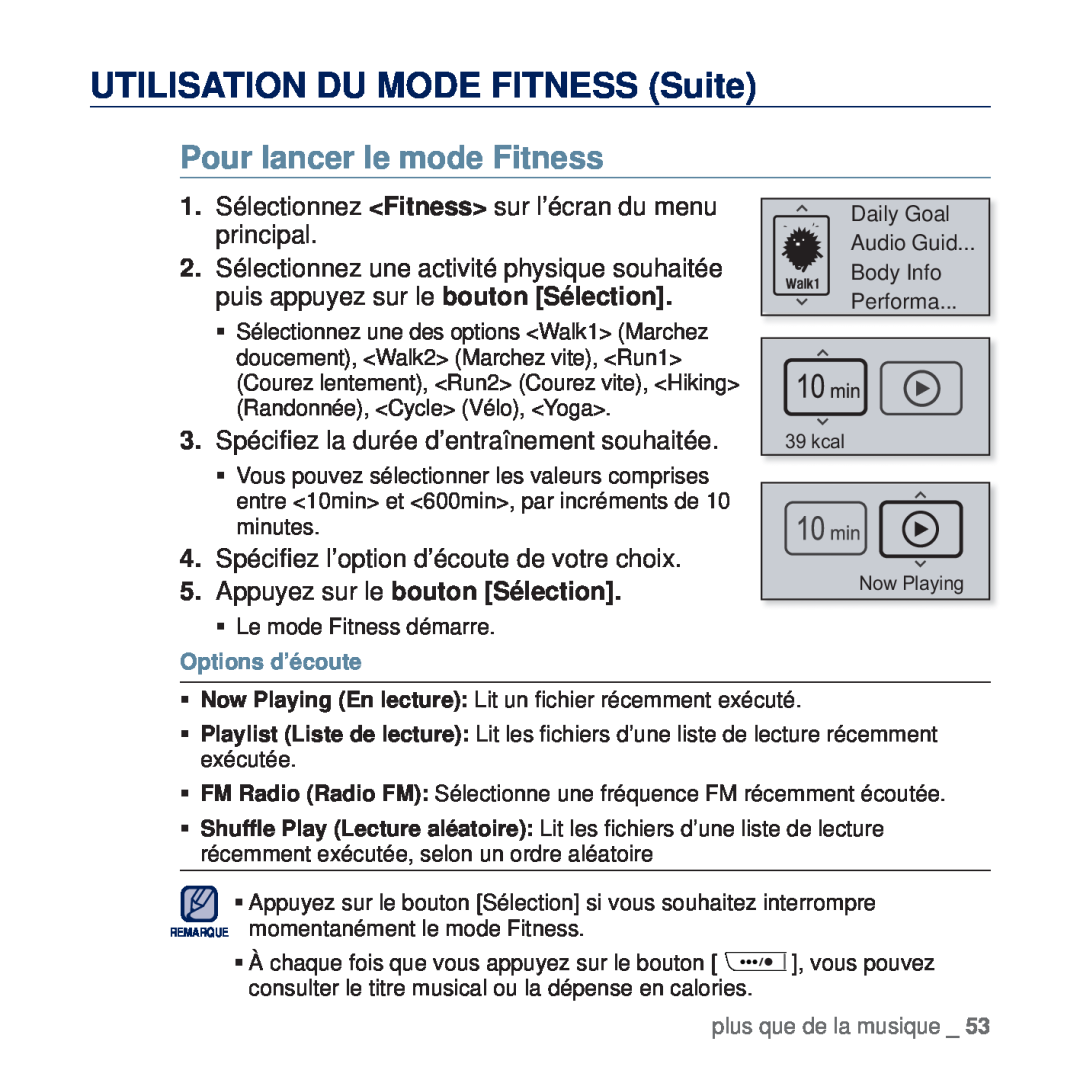 Samsung YP-U5JQL/XEF manual Pour lancer le mode Fitness, UTILISATION DU MODE FITNESS Suite, Appuyez sur le bouton Sélection 