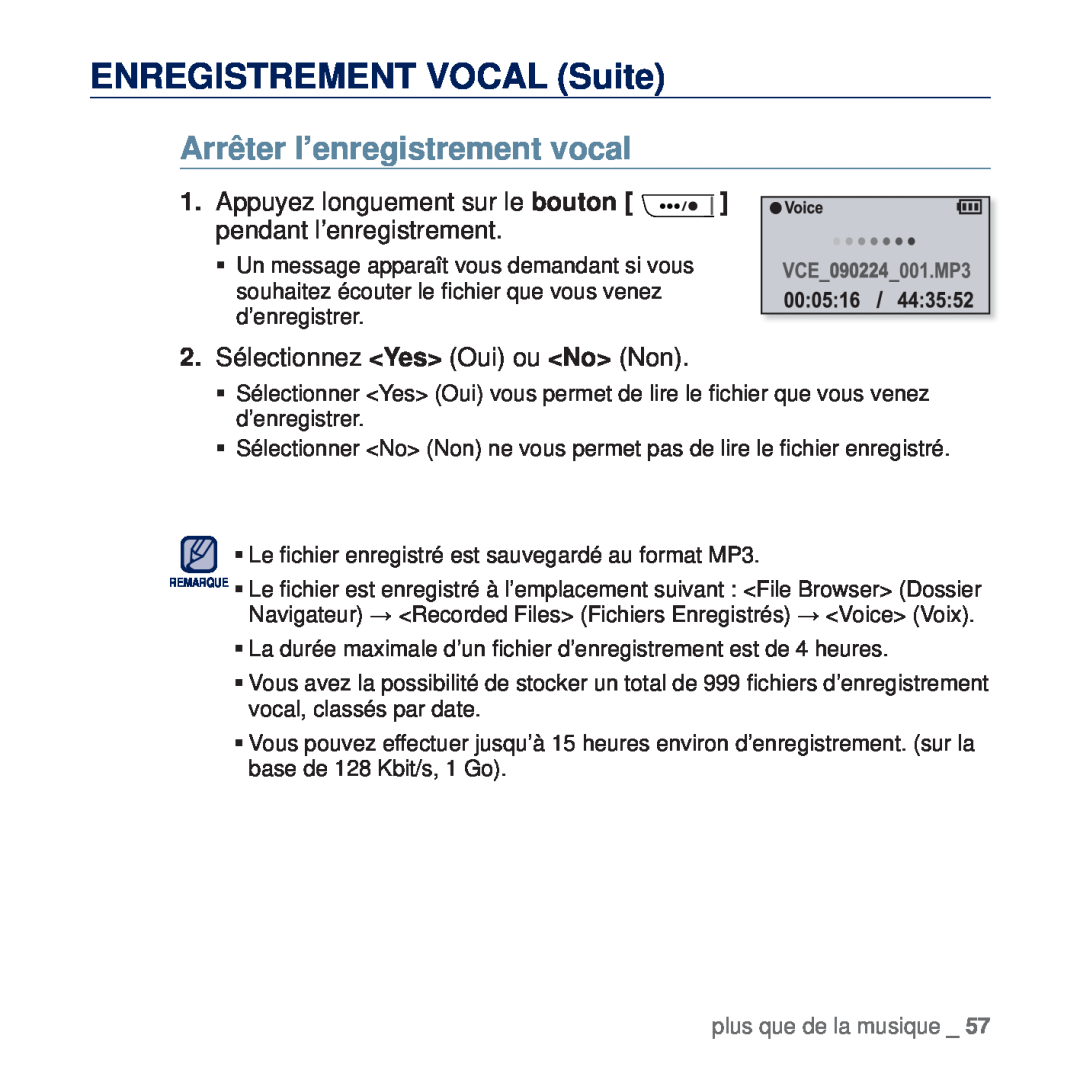 Samsung YP-U5JAP/XEF, YP-U5JAR/XEF manual ENREGISTREMENT VOCAL Suite, Arrêter l’enregistrement vocal, plus que de la musique 