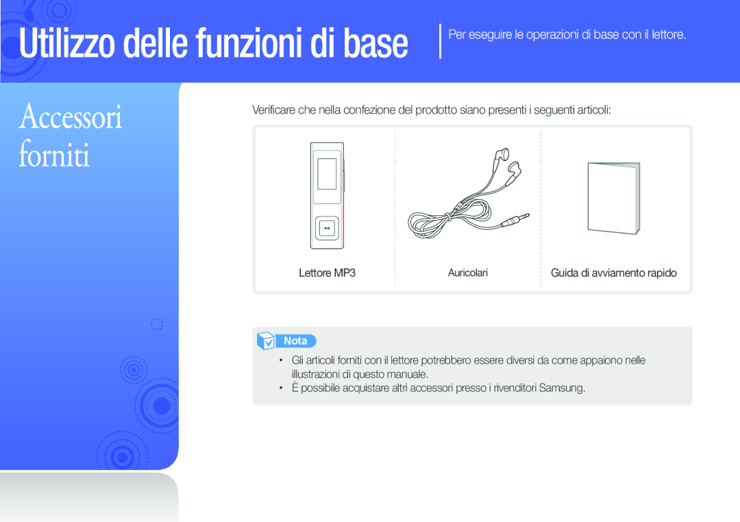 Samsung YP-U6AB/EDC, YP-U6AP/EDC manual Utilizzo delle funzioni di base, Per eseguire le operazioni di base con il lettore 