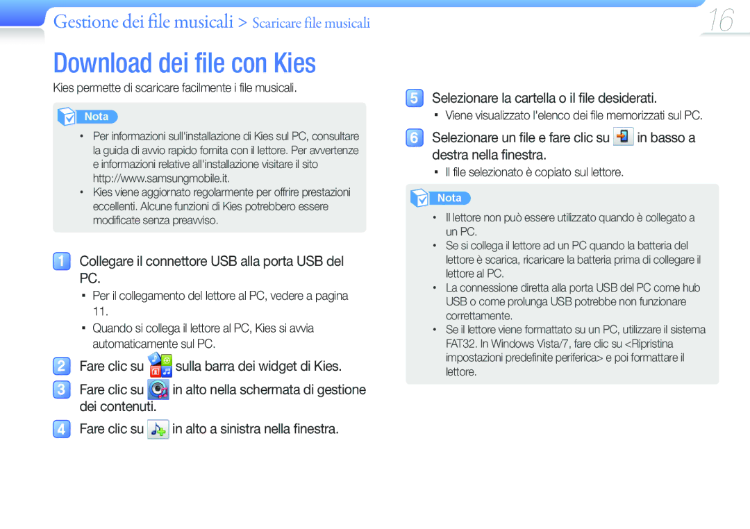 Samsung YP-U6AB/EDC, YP-U6AP/EDC manual Download dei file con Kies, Kies permette di scaricare facilmente i file musicali 