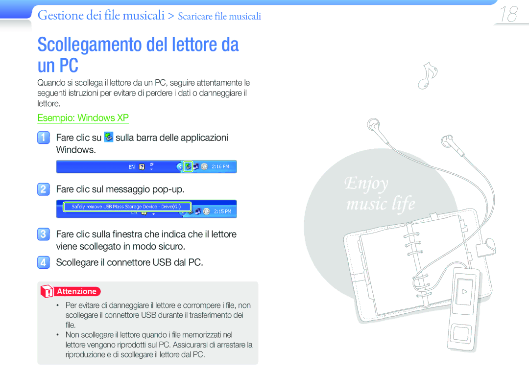 Samsung YP-U6AB/EDC, YP-U6AP/EDC Scollegamento del lettore da un PC, Gestione dei file musicali Scaricare file musicali 