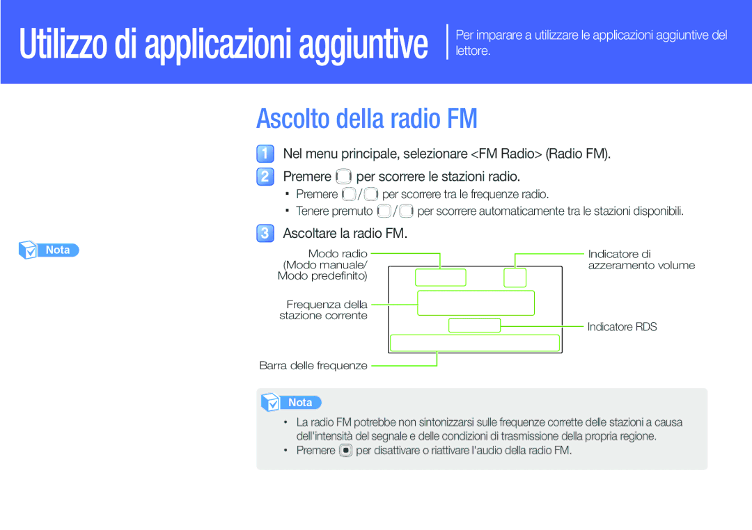 Samsung YP-U6AP/EDC, YP-U6AB/EDC manual Radio FM, Ascolto della radio FM, Ascoltare la radio FM 