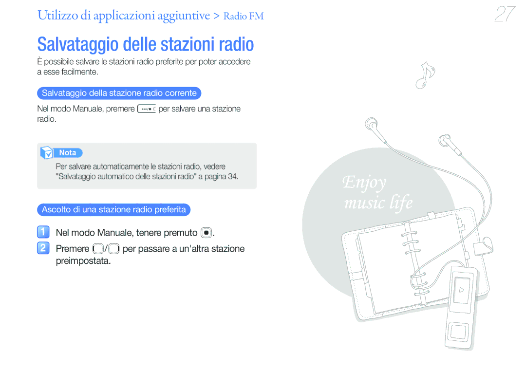 Samsung YP-U6AP/EDC Salvataggio delle stazioni radio, Salvataggio della stazione radio corrente, Nel modo Manuale, premere 